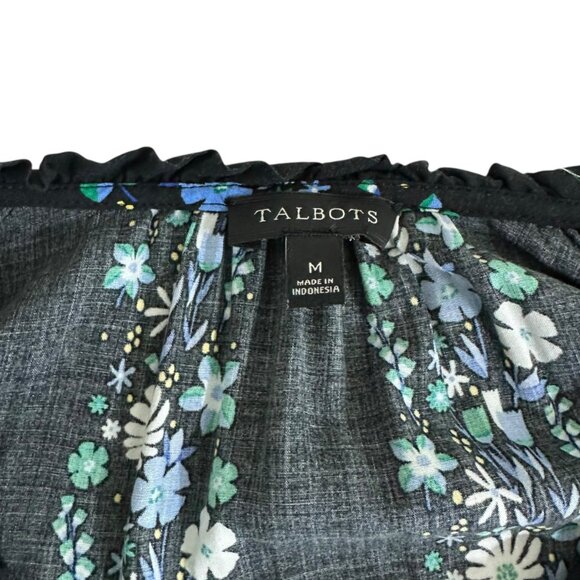 Talbots Women's Size M Dark Floral Striped Smocked Black Blouse - Picture 8 of 9
